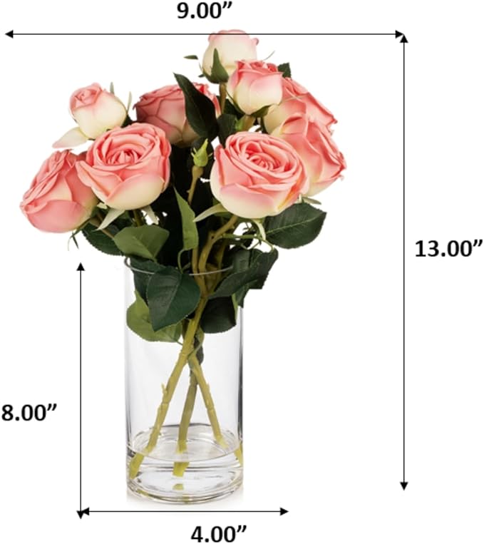 ENOVA FLORAL 9 Heads Silk Rose Artificial Flowers in Vase,Faux Rose Flowers Arrangement in Vase with Faux Water for Table Decor Centerpieces (Dark Pink)