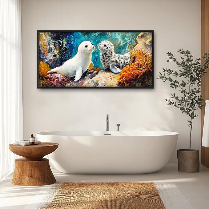 Extra Large Seal Framed Wall Art for Living Room,Oversized Underwater Animal Pictures Wall Decor,Ocean Coral Reef Canvas Print Painting Modern Artwork Bedroom Office Bathroom 60L x 30W