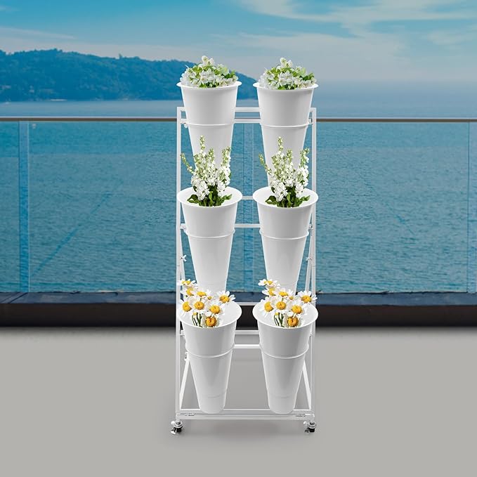 3-Tier Flower Display Stand with 6 Water Buckets – White Iron & PP Plant Rack with 4 Wheels (Brakes) – Floor Standing Flower Organizer for Florist, Wedding, Garden