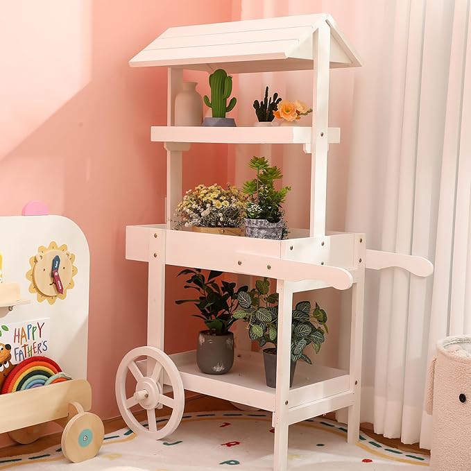 Hanaive Flower Cart Display Stand with Wheels for Bridal Shower Baby Shower Party Large Country Market Vintage Wooden 3 Tier Rolling Table Cart for Display Flower Candy Party Favors and Crafted Items