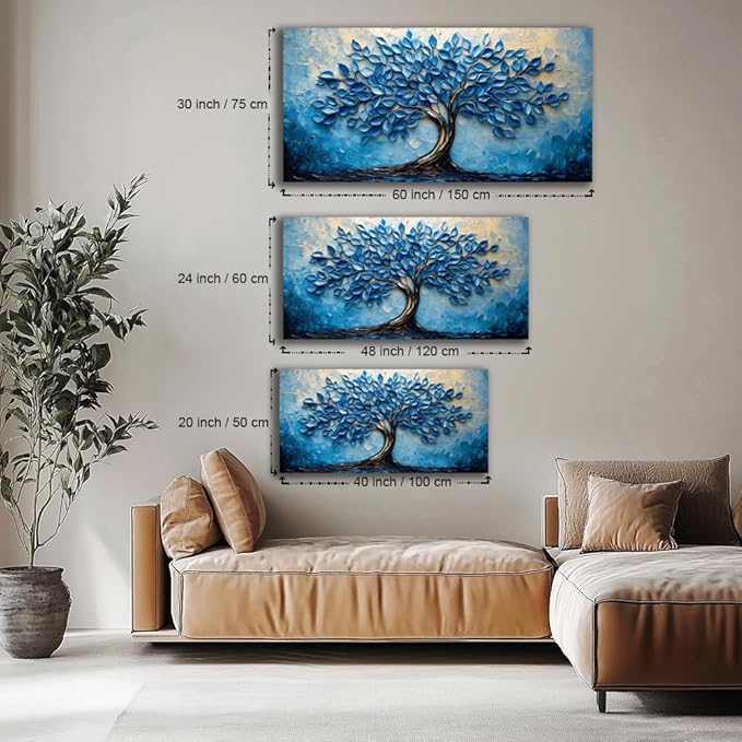 LAVIKARS Modern Tree of Life Wall Art for Living Room Office Navy Blue Abstract Oil Landscape Canvas Painting Prints Large Nature Artwork Home Kitchen Bedroom Decor (20x40 Inches)