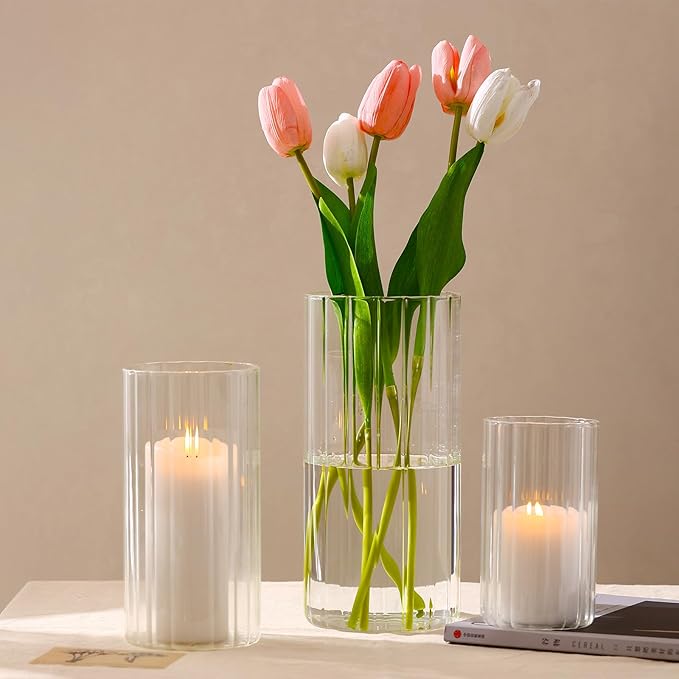 PHOSPHOR 6 PCS Ribbed Glass Candle Holder, Cylinder Candle Holders for Pillar Candles, Clear Glass Hurricane Candle Holders 6'', 8'', 10'' Glass Cylinder Centerpieces Vases