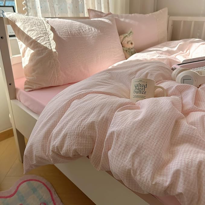 VM VOUGEMARKET Pink Plaid Comforter Set with White Lace Twin XL Kids Teens Grid Gingham Quilt Comforter for Girl's College Dorm Soft Lightweight Cozy Bedding Set