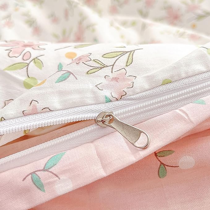 EAVD Pink Floral Duvet Cover Full White Soft Cotton Chic Shabby Garden Floral Bedding Set with 2 Pillowcases Cute Floral Botanical Duvet Cover with Zipper Closure