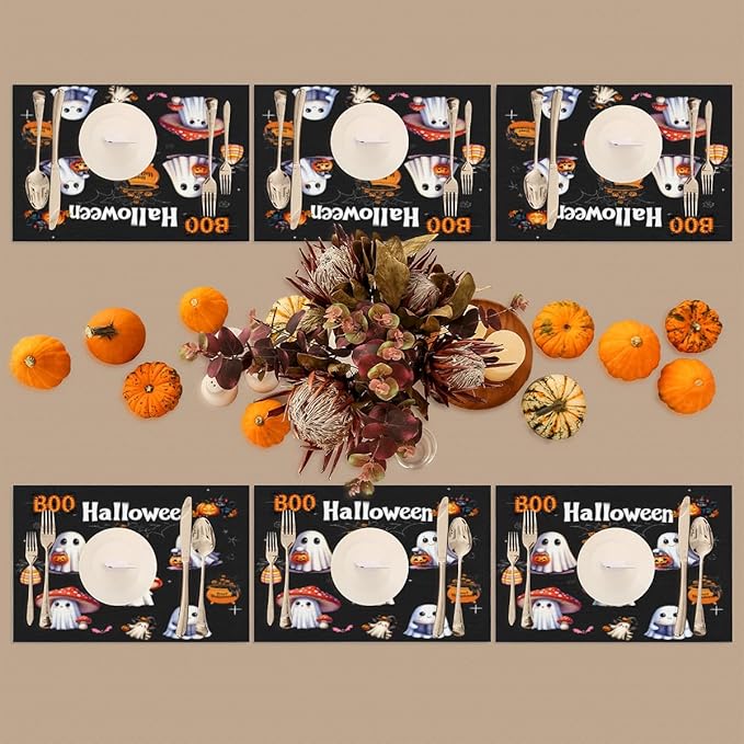 Halloween Ghosts Pumpkin Cute Placemats Set of 6 PVC Vinyl Non Slip Table Mats Heat Resistant Place Mats Washable Wipeable Dining Table Mat for Kitchen Decor Party Indoor Outdoor Decorative Gift
