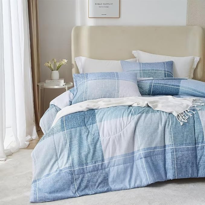 LifeTB Blue Checkered Comforter Full Comforter Set Geometric Plaid Checkered Pattern Comforter for Men Boys Modern Grid Plaid Bedding Comforter Set for All Seasons Lightweight Soft Fluffy Bed Set