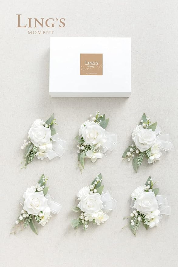 Ling's moment 6pcs Wedding Wrist Corsage Artificial Flowers, Girl/Mother Homecoming Prom Corsages Wristlet Décor, etc. Snow White