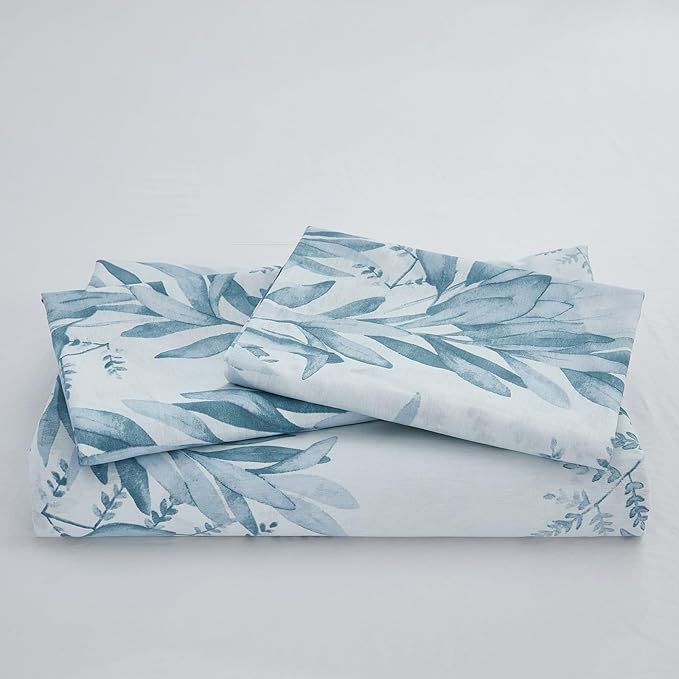 100% Cotton Duvet Cover King Size 3 Pieces, Blue Leaf Duvet Cover with Zipper Closure, Soft Floral Bedding Set White and Blue for All Season, Breathable, Ultra Soft