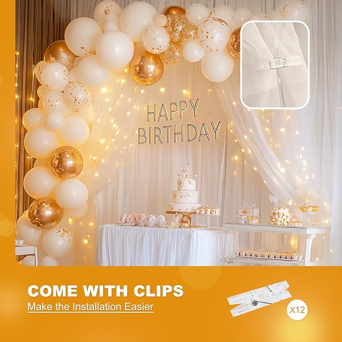 Tulle Curtain Backdrop with 300 LED Fairy Lights for Parites Wrinkle-Free Sheer Curtain Drapes Photo Back Drop for Wedding Baby Shower Bridal Shower Birthday Dance Home Décor- 10ft×10ft, White