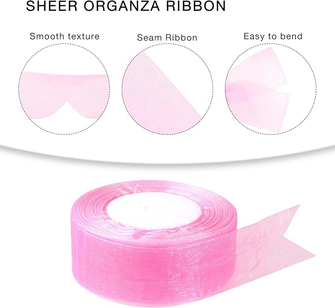 1.5 inch Sheer Organza Ribbon Pink Chiffon Ribbon for Gift Wrapping Christmas Halloween Decoration Wedding Bouquet Crafts 50 Yards