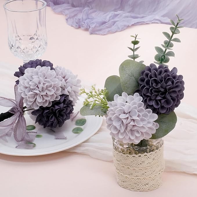 Artificial Flowers, 50pcs Realistic Artificial Rose for DIY Wedding Bouquets Centerpieces Arrangements, Dark Purple and Light Purple Dahlia Flowers with Stem for Bridal Shower Party Home Decorations