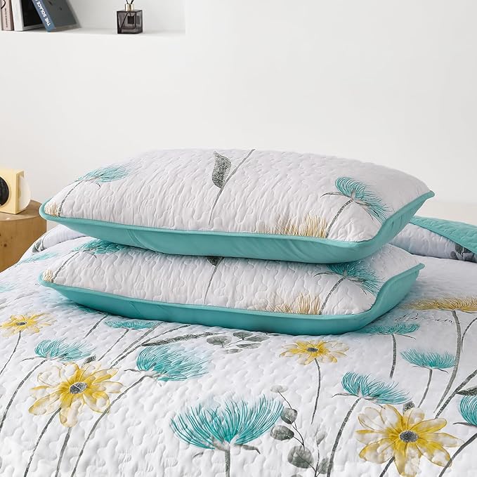 Dinjoy Floral Quilt Set Twin Size, Aqua Blue Bedspreads 2 Pieces Cute Bedding Set Lightweight Farmhouse Quilts Soft Flower White Coverlet Bed Sets for Women All Season 68"x86"