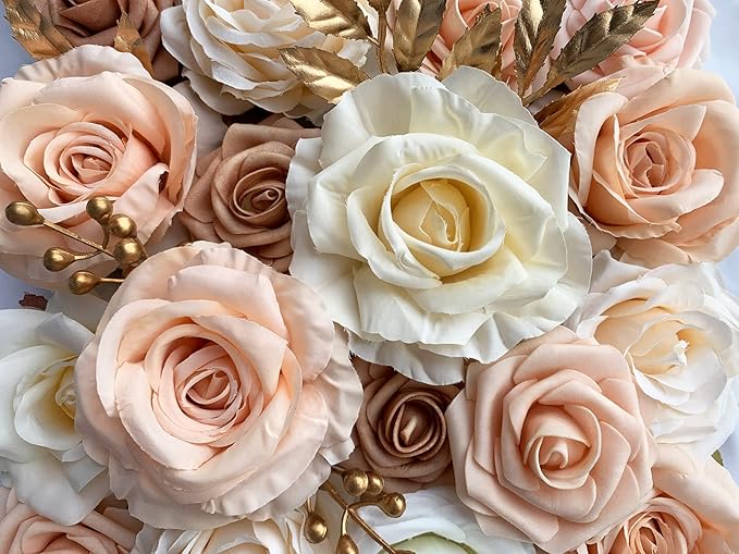 Roses Artificial Flowers Bouquet Combo Box Set Fake Flower Bulk for DIY Bridal Baby Shower Decorations Wedding Centerpieces for Table Silk Floral Arrangements Party Home Decor Indoor Peach