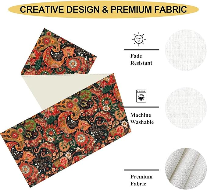 Vintage Paisley Table Runner, Colorful Retro Damask Antique Floral Flower Boho Damask Swirled Print Table Center Decor for Family Kitchen Table Decorations Indoor Outdoor 13x108 inch