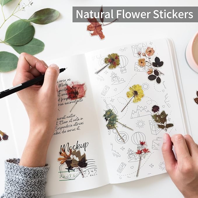 Transparent Flower Stickers for Scrapbooking PET Nature Plant Stickers Floral Stickers Vintage Craft Sticker Colorful Small Flower Sticker for Journaling Scrapbooking Clear Flower Decals(Style D)
