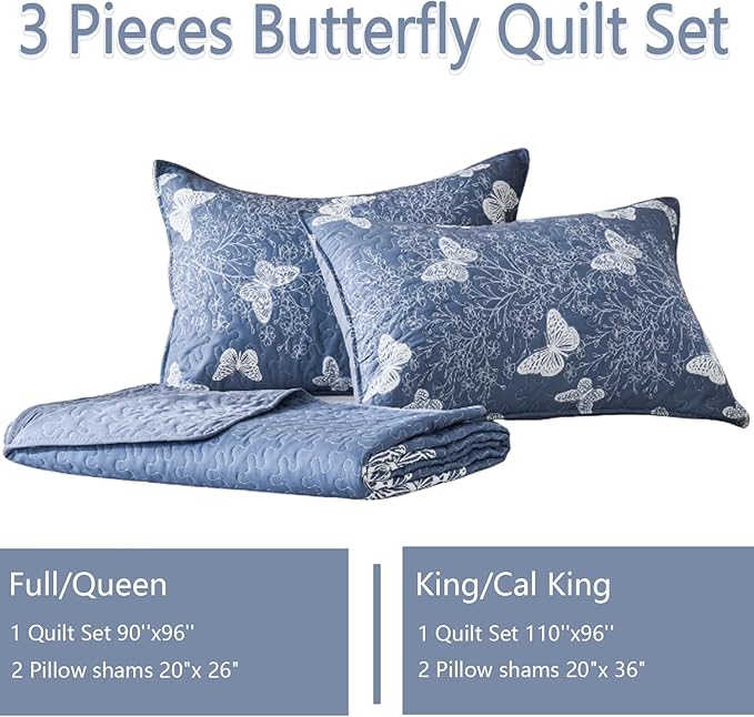 Yogeneg Full Queen Size Quilt Set,White Butterfly Botanical Pattern Blush Grey Bedding Set,3 Piece Lightweight Soft Summer Bedspread Coverlet with 2 PIillow Sham for All Season(Butterfly,90"x96")