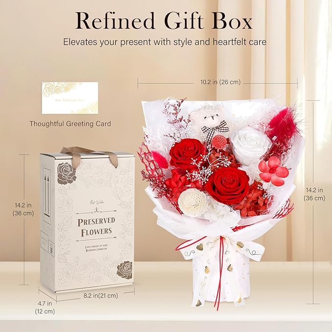Preserved Flowers Bouquet with Bear, 3 Real Forever Flowers for Delivery, Long-Lasting Red Eteranl Roses Bouquet Birthday Gifts for Women Teenage Girls Girlfriend Mother Wife Her