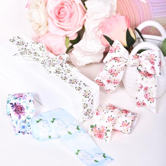 Floral Grosgrain Ribbon, 5 Rolls Flower Pattern Ribbon Spring Summer Fabric Decorative Craft Ribbon Roll for Gift Wrapping Decor Hair Bow Sewing Wreath Crafts (Mixed Color, 1-1/2Inch X 10Yards)