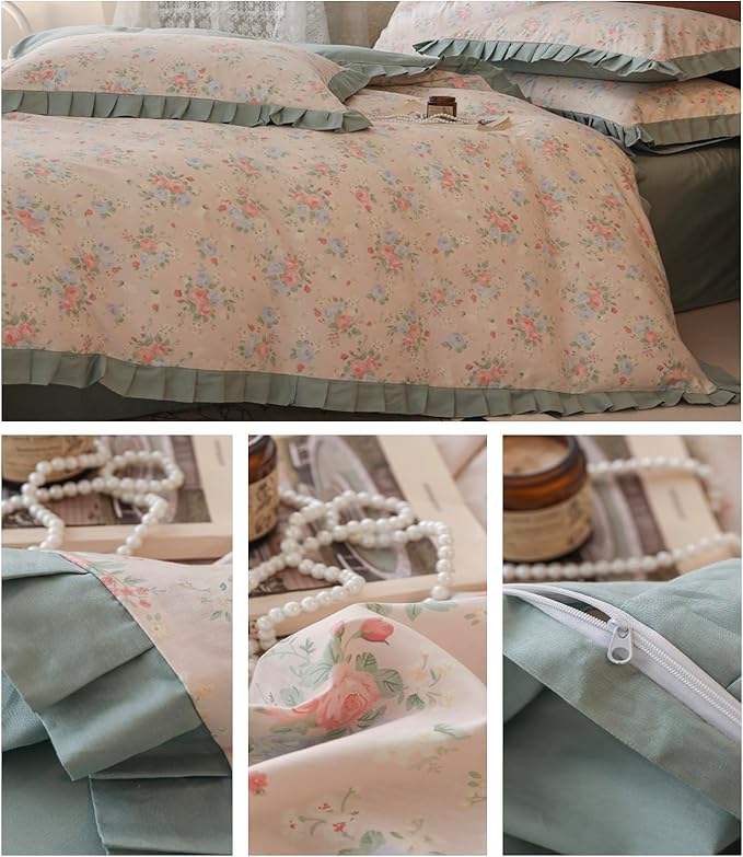 LifeTB Romantic Ruffle Floral Duvet Cover Queen 3 Pieces Flower Duvet Cover Girls Floral Comforter Cover 100% Cotton Princess Lace Bedding Cover Cottagecore Flower Comforter Cover with 2 Pillowcases