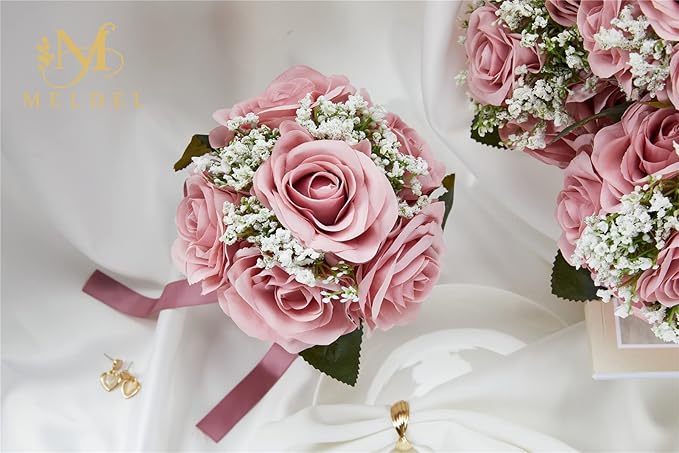 Meldel 6.5 Inch Bridesmaid Bouquet Set of 6, Wedding Bouquets for Bridesmaids, Rose Bridesmaid Bouquets for Wedding, Artificial Wedding Bouquet Flower, Floral Wedding Centerpieces