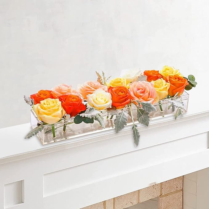 2Pcs Acrylic Flower Vase Rectangular Clear Acrylic Modern Vases- Total 24 Inches Long Rectangular Floral Centerpiece Low Decoration Vase for Dining Table Halloween Party Decor Wedding(24Holes)