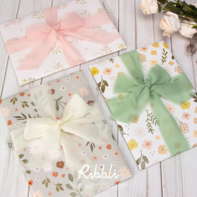 Ribbli Chiffon 1-1/2 inch x 20 Yard Handmade Fringe Cream Ivory Silk Ribbon for Wedding Invitations, Bridal Bouquets, Flower Arrangement Decoration