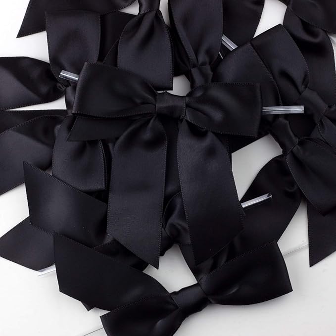 7Rainbows 30pcs Boutique 2.5" Black Satin Ribbon Twist Tie Bows for Tying Up Packages Gift Wrapping