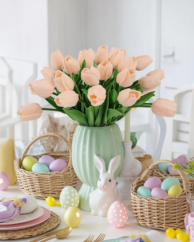 MACTING 30 PCS Artificial Tulip Flowers 13.7" Real Touch Fake PU Tulips Bouquet Faux Flowers for Floral Arrangements Table Centerpiece Kitchen Home Indoor Outdoor Summer Decorations (Light Pink)