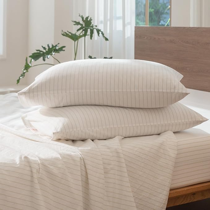 MooMee Striped Duvet Cover Set 100% Washed Cotton Linen Like Textured Breathable Durable Soft Comfy (White Almond Milk Grey Wide Stripes, King 104"x90")