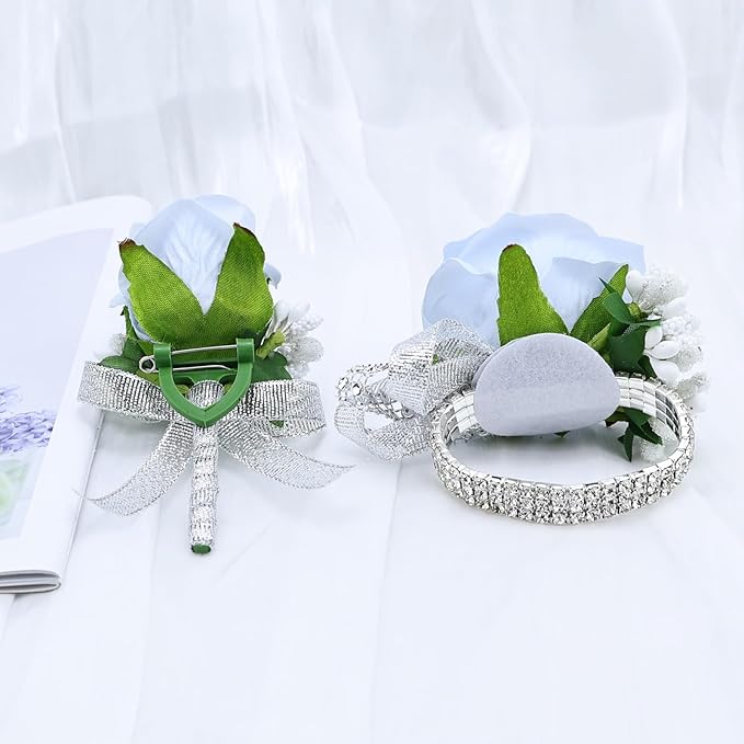 2Pcs Light Blue Rose Corsage and Boutonniere Set, Artificial Wrist Corsage Wristlet Bracelets, Men Boutonniere for Wedding Party Homecoming Formal Dinner Flowers Accessories Prom Suit Decor