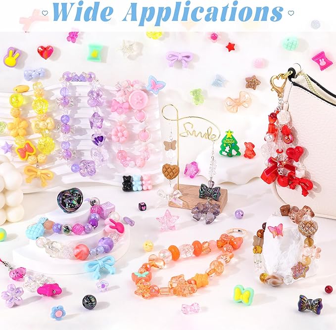 Assorted Acrylic Beads, 200-260PCS Macaroon Color Cute Beads for Bracelet Making, GummyBear Bow Candy Kawaii Charms for Jewelry Making DIY Necklace Keychain Phone Charm Christmas Gift
