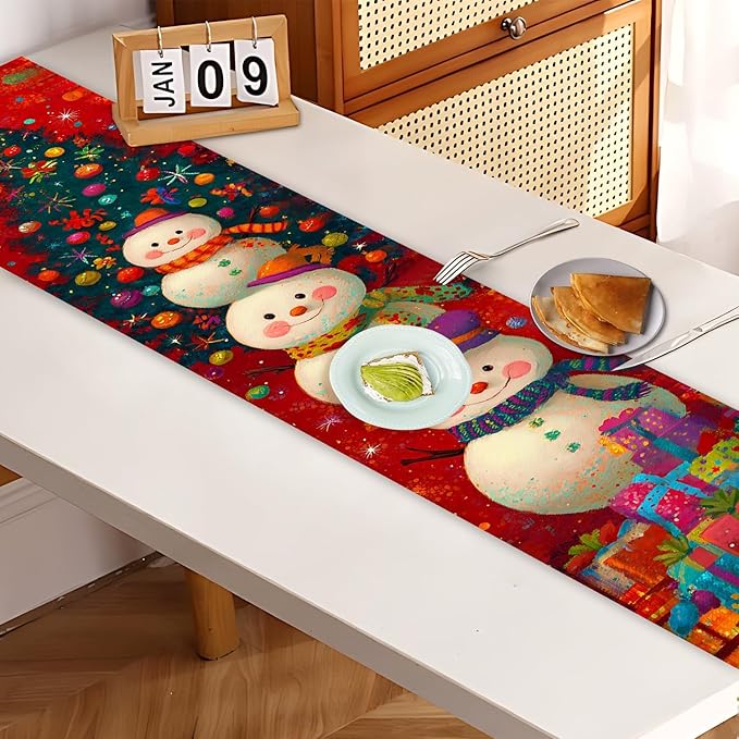 Christmas Table Runner 13 x 72 Inch, Holiday Snowman and Christmas Tree Design, Festive Red Winter Table Decoration with Gifts, Dining Table Centerpiece for Xmas Party Home Decor