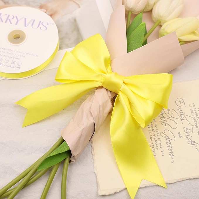 Lemon Yellow Satin Ribbon, Double Faced 2 Inch X 50 Yards Lemon Yellow Ribbon, Premium Satin Ribbon for Gift Wrapping, Crafts, Hair Bow Making, Sewing, Flower Bouquet, Wedding Party Decor