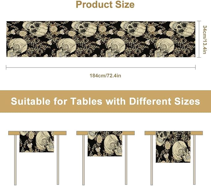Gothic Table Runner,Vintage Floral Skull Print Table Runner for Home Kitchen Table Dining Garden Farmhouse Wedding Party Decor 13x90 Inch