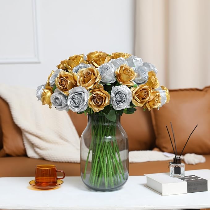 Tifuly Roses Artificial Flowers - 12 pcs Realistic Long Stems Fake Roses Mashup Style Silk Flowers for DIY Bouquets Wedding Centerpieces Arrangements Home Party Decor(Gold & Sliver)