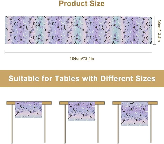 Gothic Table Runner,Cute Bat Star Sky Print Table Runner for Home Kitchen Table Dining Garden Farmhouse Wedding Party Decor 13x108 Inch