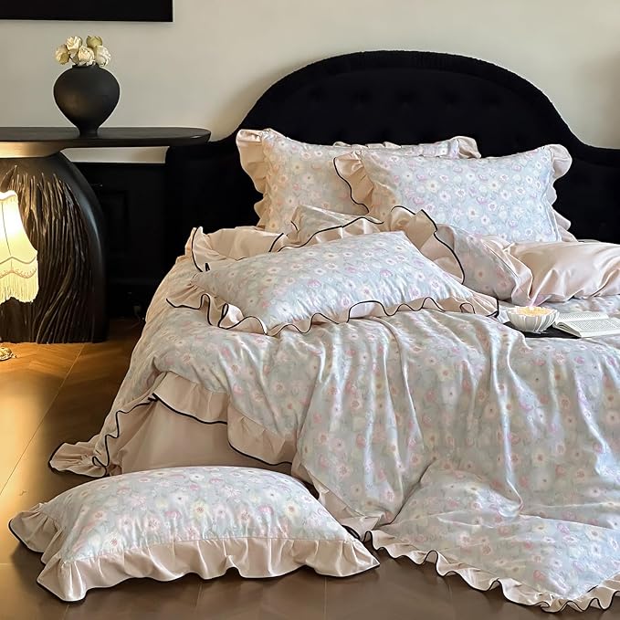 HighBuy Pink Floral Lace Duvet Cover Twin Size,Brushed Cotton Soft Coquette Ruffle Flower Bedding Duvet Cover Set,Blue White Ruffled Shabby Chic Farmhouse Duvet Cover and Pillow Shams,- Twin
