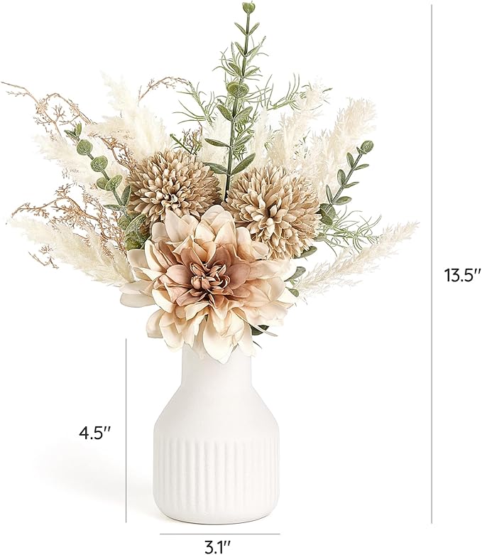 Mkono Small Artificial Flowers in Ceramic Vase 13.5" Centerpieces Coffee Table Decor, Silk Flower Arrangements for Home Decor Indoor Fake Flower Bouquet for Bathroom Dining Room Kitchen Wedding Brown