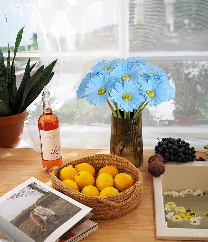 IPOPU Daisies Flowers Artificial,20PCS Blue Gerbera Daisy Artificial Flowers Fake Daisies for Wedding Party Office Home Decorations(Light Blue)