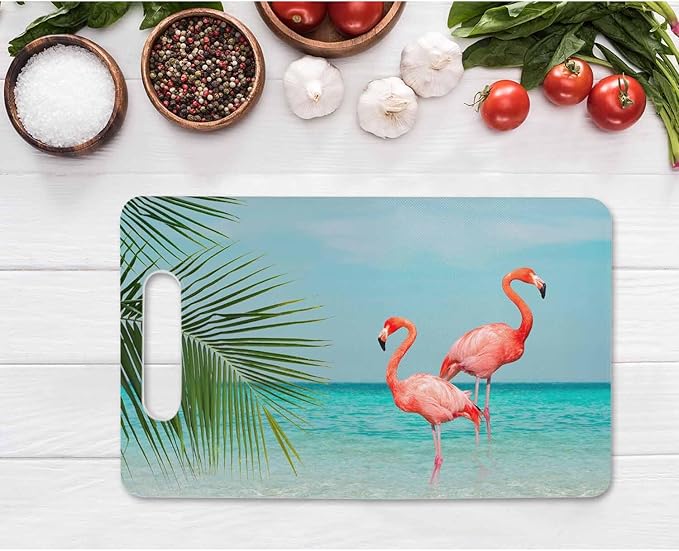 Flamingo Cutting Board with Handles Bird Blue Sea Sunny Sky Clouds Leaves Cutting Boards Plastic Safe Chopping Board for Kitchen 16" x 10" x 0.24"