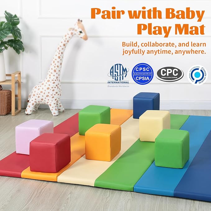 Foam Building Blocks for Toddlers:12-Pieces Wipeable Leather Stacking Cubes Kids - Large Soft Toys Play Set for Learning Construction Baby Preschool Daycare Therapy Birthday Gift (Rainbow)