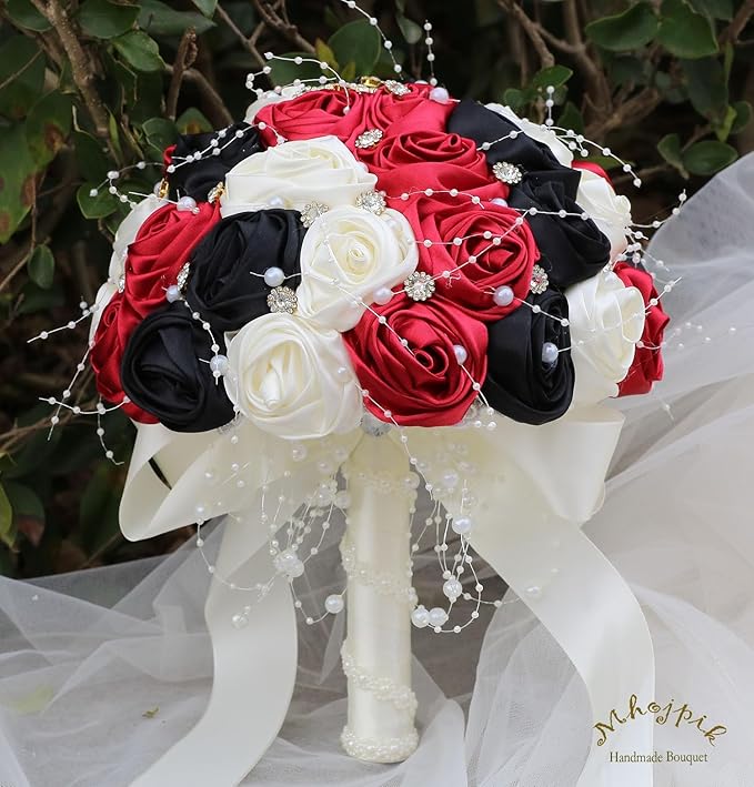 Bridal Wedding Bouquet Round Bling Brooch Bouquet Throw Toss Artificial Rose Flower Bunch for Bride Bridesmaid Wedding Quinceanera(Ruby Red, Black & Ivory, 8.7")