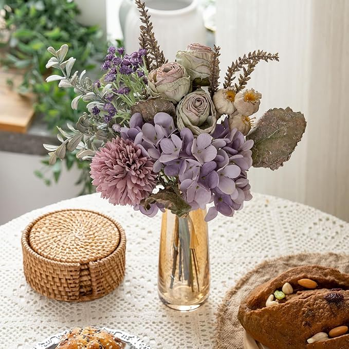 13-inch Small Artificial Fake Flowers for Table Arrangements, Silk Faux Bouquets with Three Roasted Edge Roses, Hydrangeas, Globeflower, babysbreaths, Ideal for The Kitchen or Bedroom.