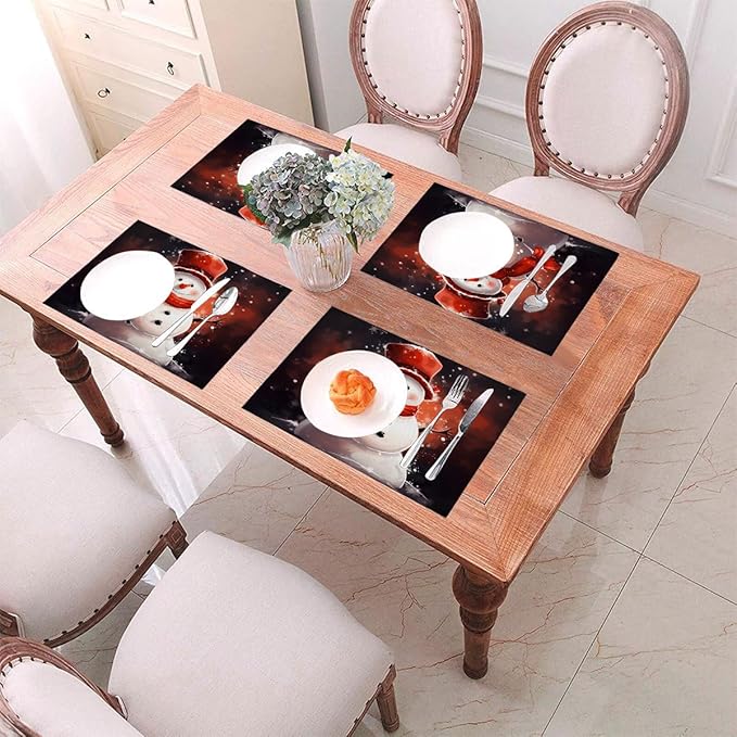 PVC Placemats Set of 6 Wipeable Table Mats Washable Heat Resistant Non Slip Vinyl Dining Table Mat for Kitchen Indoor Outdoor Patio Farmhouse Place Mats Christmas Snowman Red Decorative