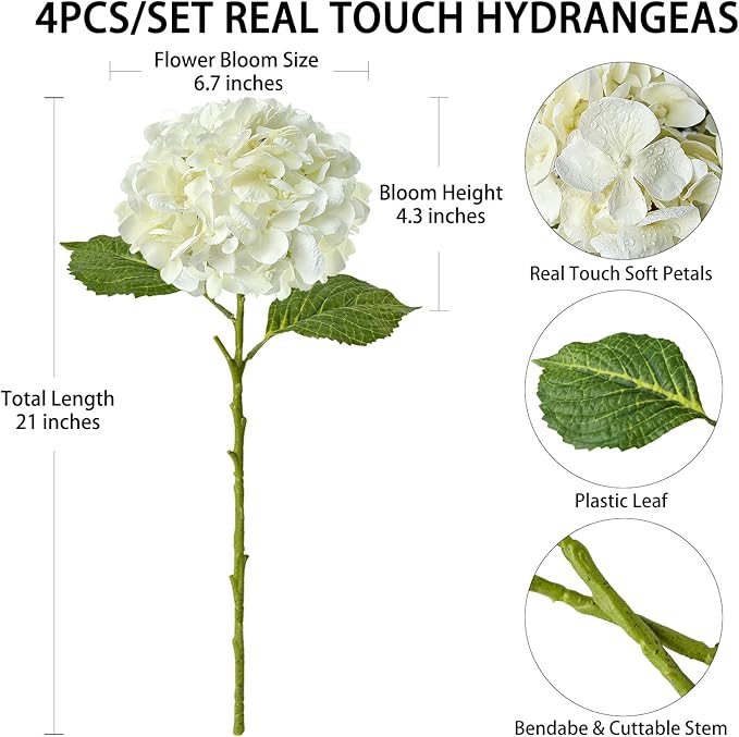 4 Pcs Real Touch Green Hydrangeas Artificial Hydrangeas Flowers 21'' Real-Looking Faux Latex Hydrangea for Kitchen Living Room Porch Home Decor Baby Shower Party Table Centerpiece