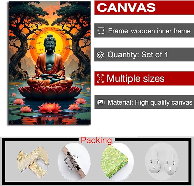 Canvas wall art Golden Buddha on lotus at sunset Ancient trees with reflections on water Serene meditation scene Uplifting wall art for mindfulness and tranquil home decor 12x18in Wood Framed
