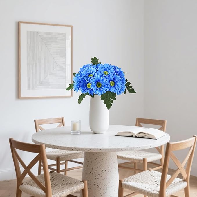 IPOPU 2 Bundles Artificial Gerbera Daisy Flowers 14 Heads Blue Fake Daisy with Stems Faux Silk Daisy Flowers for Wedding Bridal Bouquet Party Floral Arrangements Table Centerpiece Decor (Blue)