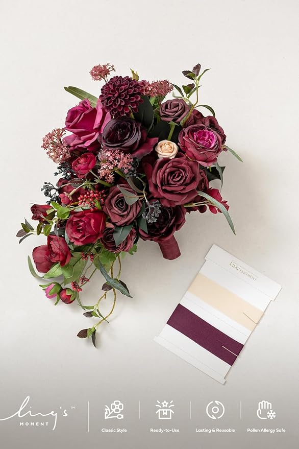Ling's moment Red Bridal Bouquet Cascading, Burgundy Wedding Bouquets for Bride, 13 Inch Bride Bouquets for Wedding Artificial Flowers Bouquets