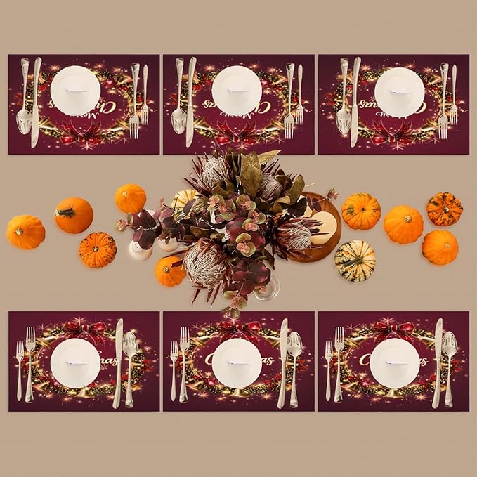 Xmas Christmas Bells Red Placemats Set of 6 PVC Vinyl Non Slip Table Mats Heat Resistant Place Mats Washable Wipeable Dining Table Mat for Kitchen Decor Party Indoor Outdoor Decorative Gift