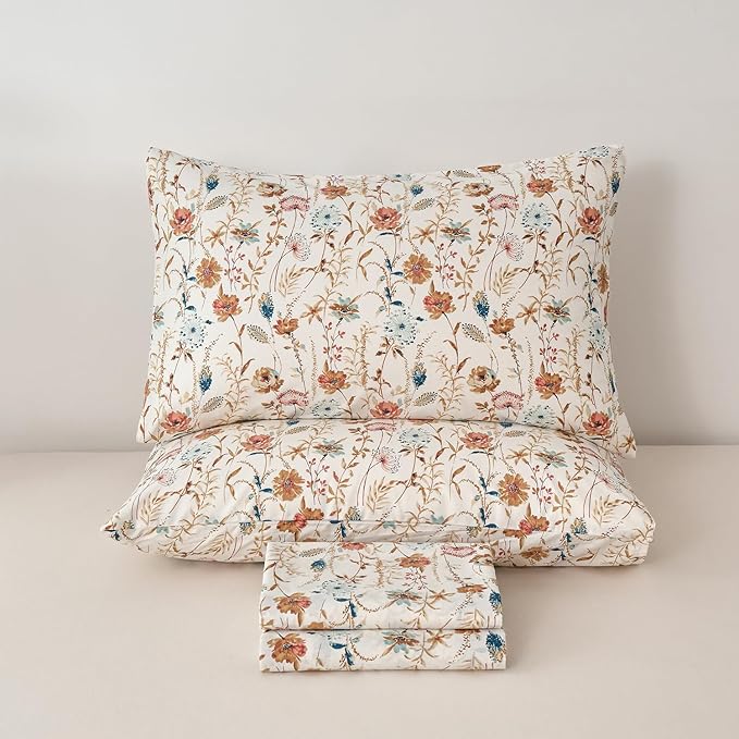 Zusbest California King Sheets Set 100% Percale Cotton - Boho Floral Botanical Printed Bedding with Deep Pocket 17.5'', Vintage Burnt Orange & Teal Design, 4-Piece Soft Breathable Sheets